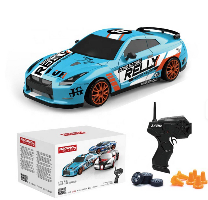 1:24 scale Blue Skyline RC drift car for kids with LED headlights