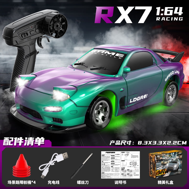 Green purple RX7 micro drift RC car for kids – compact indoor drift car 1:64