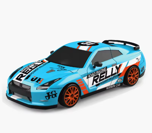 1:24 scale Blue Skyline RC drift car for kids with LED headlights