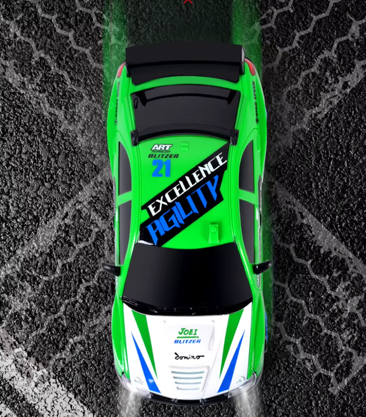 1:24 scale RC drift car drifting on indoor tile floor