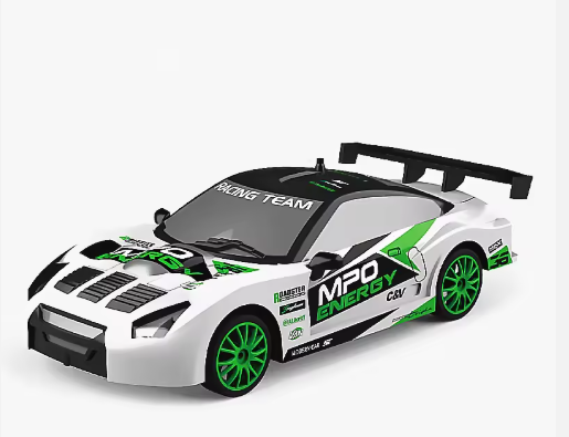 1:24 scale white and green Skyline RC drift car for kids with LED headlights