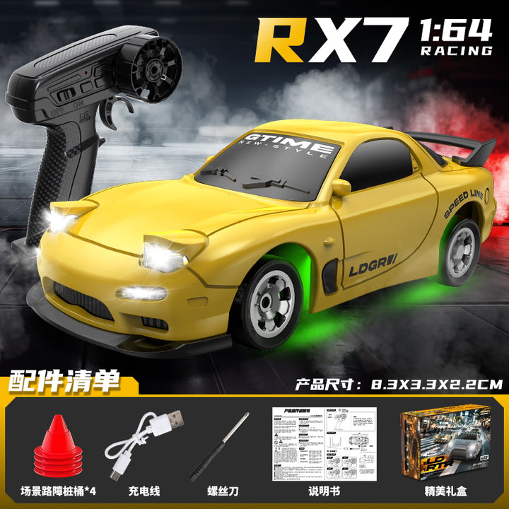 Yellow MAzda Rx7 RX-7 micro drift RC car for kids – compact indoor drift car 1:64